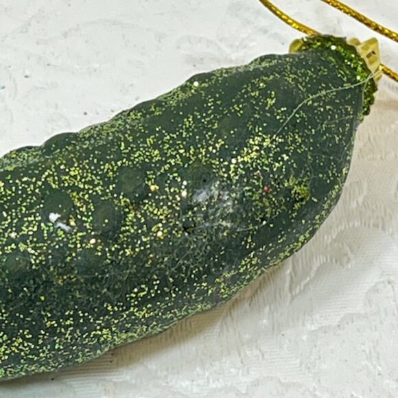 Green Sparkle Pickle Blown Glass Christmas Tree Holiday Ornament 3.75" - Picture 7 of 8